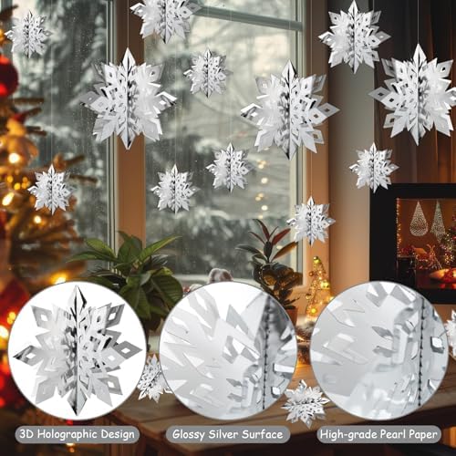 Snowflake Decorations, Paper Christmas Hanging Decor Indoor, Silver, 24-Pc
