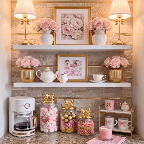 Mimorou 3 Set Gold Bow Candy Glass Jars with Ceramic Lids 44oz 33oz 22oz Summer Bow Cookie Jars Airtight Glass Food Storage Containers for Spring Summer Party Tea Cookie Snacks Sugar