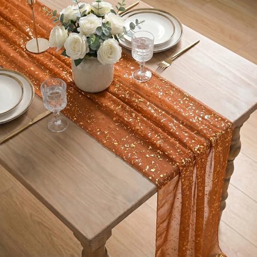 Artoid Mode 3PCS Caramel Gauze Gold Table Runner 120 Inch 10FT, Glitter Metallic Foil Sheer Dining Wedding Anniversary Holiday Table Decor for Home Party