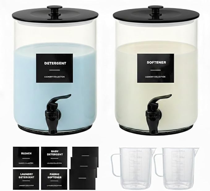 Glass Laundry Detergent Dispenser for Laundry Room Organization-2 Black | 1 Gallon Large Liquid Soap Dispenser with Black Metal Lid & Leak-Proof Spigot, 2 Measured Cups, 2 Silicone Mats & 9 Labels