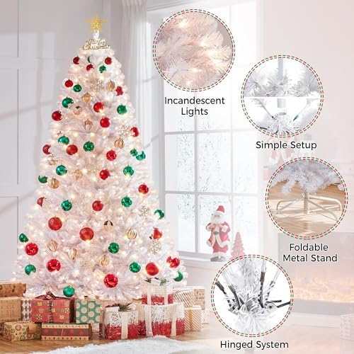 Yaheetech 7.5ft Pre-lit Christmas Tree with 550 Warm White Lights, White