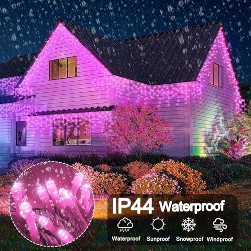 99ft Pink Icicle Christmas Lights Outdoor, 1216 LED Icicle Lights for Outside Clear Wire Twinkle Lights with 8 Modes Timer Waterproof for Window Party Wedding Yard Holiday Valentine's Day Decorations