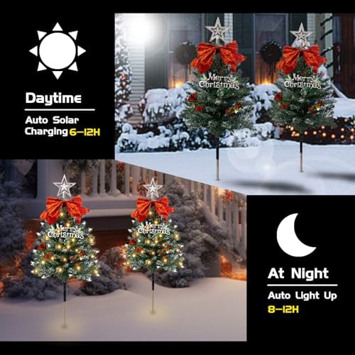 Christmas Tree Solar Pathway Lights Outdoor Decor, 8 Pack, Snowy