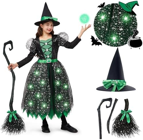 Spooktacular Creations Witch Costume Kids, Light Up Halloween Costumes Witch Dress with Hat and Broom for Girls, Sweet Wizard Set for Toddler Scary Halloween Themed Parties, Green, M