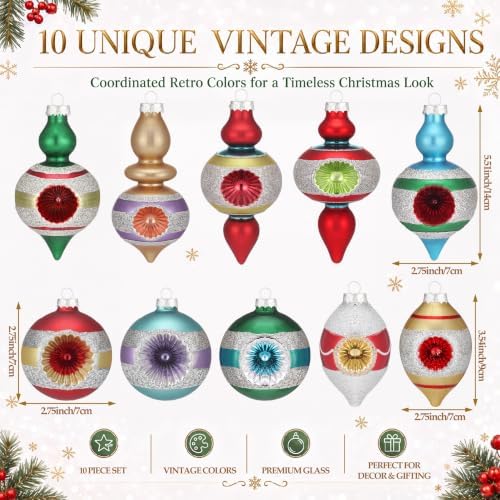 Soulchen 10 Pcs Vintage Glass Christmas Ornaments, Assorted, Retro