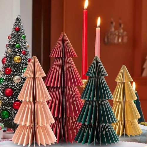 SUNBEAUTY 4PCS Paper Christmas Tree Honeycomb Centerpiece 3D Xmas Trees Table Centerpiece Paper Tree Christmas Home Decoration Vintage Christmas Decorations for Home Xmas Holiday Party