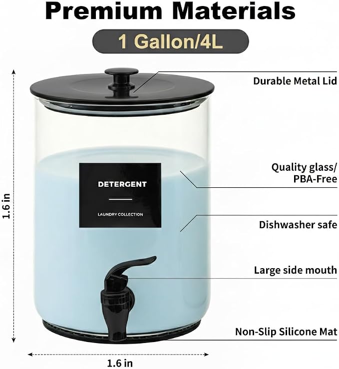 Glass Laundry Detergent Dispenser for Laundry Room Organization-2 Black | 1 Gallon Large Liquid Soap Dispenser with Black Metal Lid & Leak-Proof Spigot, 2 Measured Cups, 2 Silicone Mats & 9 Labels