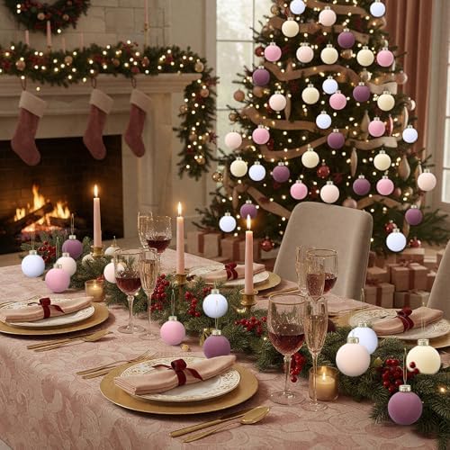 Gemscream 30 Pcs Velvet Christmas Balls, 3.15" Flocked Blue Ornaments, Pink