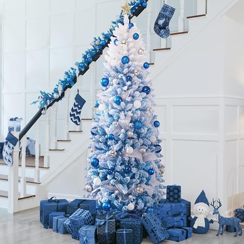 Yaheetech 7.5ft Prelit Flocked Pencil Christmas Tree, Lake Blue Gradient