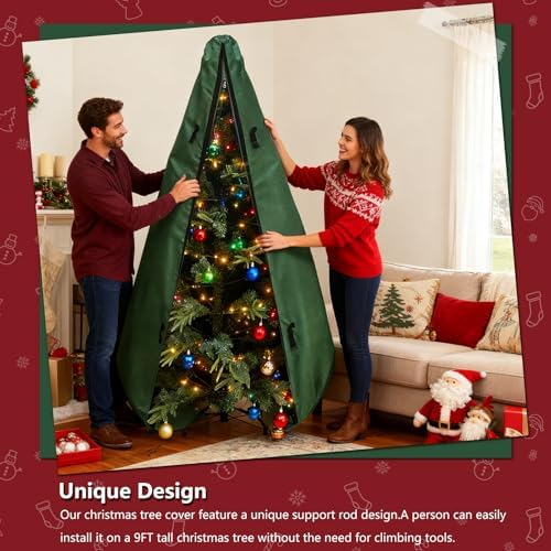 Upright Christmas Tree Storage Bag 9Ft,Christmas Tree Covers for Upright Storage for 8 Foot /9 Foot Artificial Christmas Trees with Ornaments,Equipped with Patented Support Rod Technology-Green