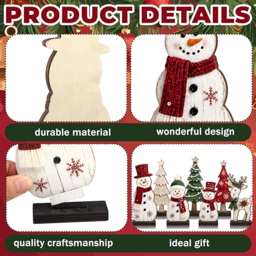 7 Pcs Christmas Table Decor Wooden Snowman Tree Deer Decor, Red,Green