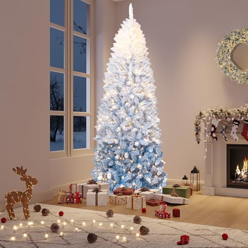GarveeHome 7.5 ft Prelit Artificial Christmas Tree with RGB & Warm White Lights, Pre-Lit Snow Flocked Pencil Christmas Tree, Foldable Base,Holiday Decoration for Home, Office, Party,Blue Gradient