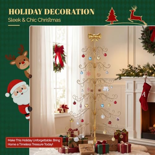 VINGLI 6FT Metal Christmas Ornament Tree, Wrought Iron Display Stand Gold