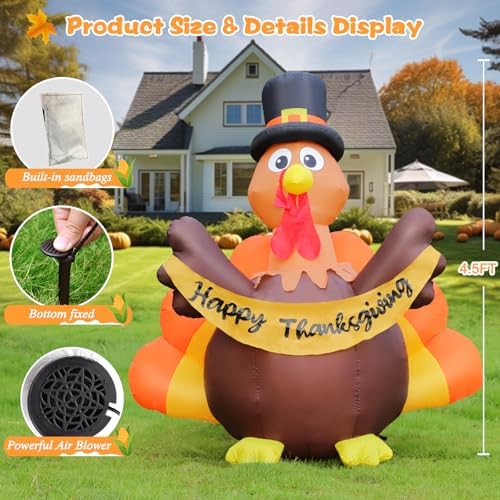 FunFanso Thanksgiving Inflatables Turkey Outdoor Decorations with Built-in LED Lights, 4.5 FT Tall Blow Up Turkey with Pilgrim Hat and Colorful Tail for Lawn Yard Garden Party House Holiday Decor