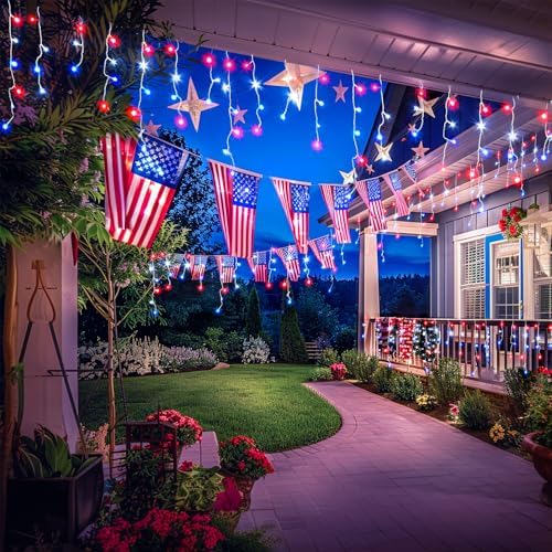 JMEXSUSS Icicle Lights for 4th of July Decor, 400 LED Red White and Blue