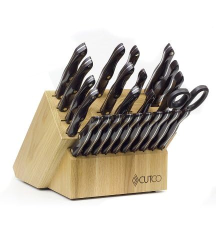 CUTCO Model 6014 Santoku Signature Set with Steak Knives............23 High Carbon Stainless knives & forks (including 10 #2159 Steak Knives) with Classic Dark Brown handles (often called "Black") in factory-sealed plastic bags...........#1652 Honey Oa...