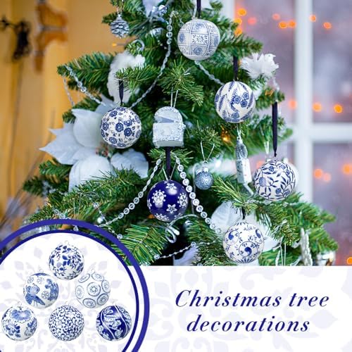 Cindeer 12 Pcs Blue and White Christmas Porcelain Balls, Groovy Style