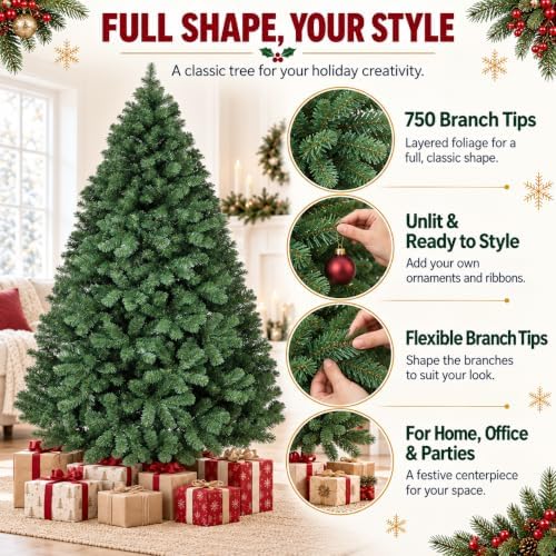 6ft Artificial Christmas Tree, Realistic Full Unlit Holiday Décor