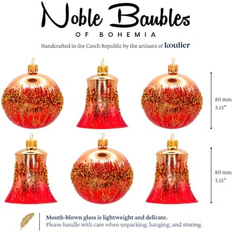 Luxury Handcrafted European Glass Christmas Bell & Ball Ornaments - Set of 6 - Red & Gold Classic - 8 cm - Mouth-Blown & Hand-Painted