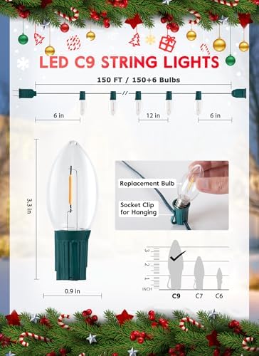 Vintage C9 Christmas Lights Outdoor, 150 Feet C9 String Lights with 150 LED C9 Plastic Bulbs, Waterproof Connectable Christmas Tree Lights for Roofline Garden Patio Backyard Cafe Decor, Warm White
