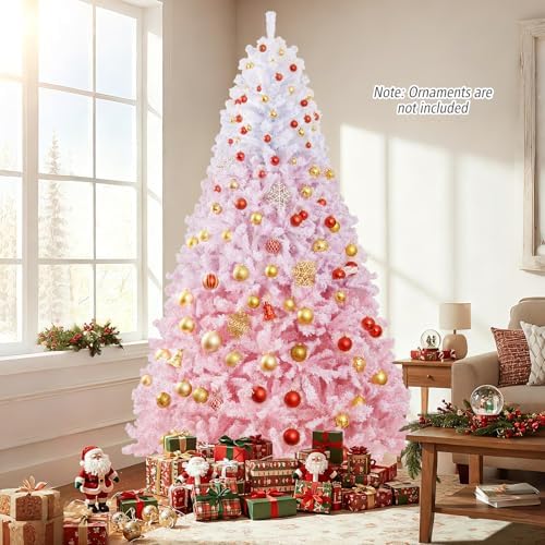 HAPPYGRILL 8 FT Pre-lit Flocked Christmas Tree Pink Hinged Xmas Tree with 1774 Branch Tips, 470 Warm White LED Lights & Folding Metal Stand, for Home Office Carnival