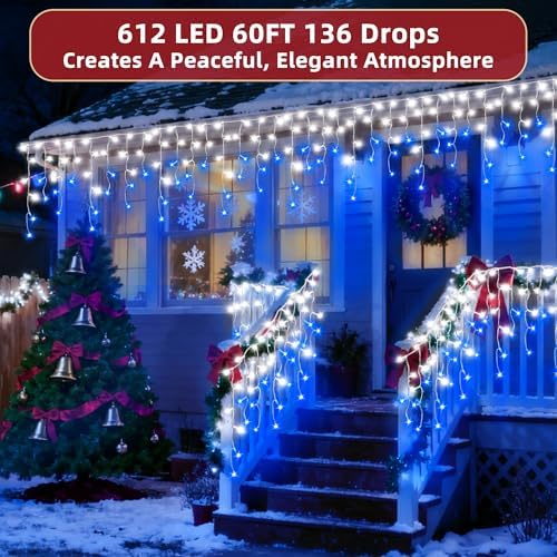 612 LED 60ft Christmas Lights with 136 Drops, 12 Lighting Modes Blue & White Christmas Decoration Twinkling Lights Dimmable, Timer Outdoor Waterproof Fairy Lights for Indoor Garden House Eaves Roof