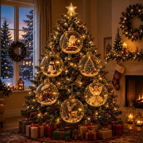 12PCS Glowing Christmas Ornaments - Mini Gold Light-Up Christmas Ball Ornaments - Christmas Tree Ornament with Warm LED Light for Tree Mantel, Holiday Scene Decoration & Gift