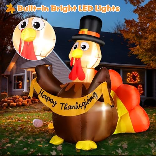 FunFanso Thanksgiving Inflatables Turkey Outdoor Decorations with Built-in LED Lights, 4.5 FT Tall Blow Up Turkey with Pilgrim Hat and Colorful Tail for Lawn Yard Garden Party House Holiday Decor