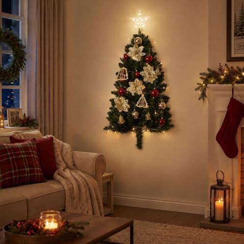 VINGLI 3FT Wall Hanging Half Christmas Tree with 50 LED Lights