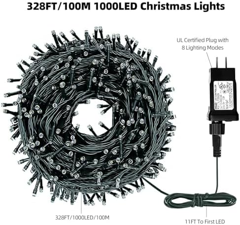 MZD8391 328FT 1000 LED Christmas Light Outdoor Indoor, Christmas Tree Light
