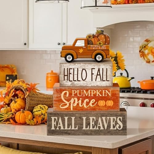 Moucuny 4 Pcs Fall Table Decor, Pumpkin Wood Block Sign Home Tray