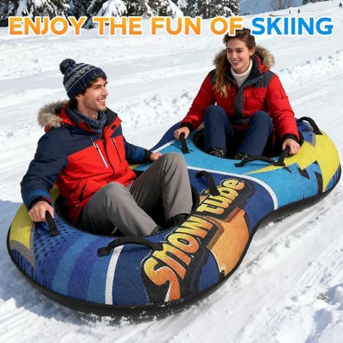 CACSPS Inflatable Snow Tube Sled 48 Inch, Heavy Duty Winter Sledding & Snow Tubing Equipment for Adults with Thickened Material and Canvas Cover (Two-Person Set)