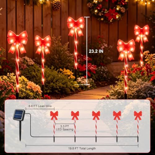 Solar 5PCS Christmas Bow Outdoor String Lights with Stakes Decor Red