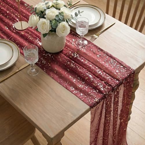 Artoid Mode 2-Pack Burgundy Gold Gauze Table Runner 10FT, Glitter Metallic Foil Sheer Dining Wedding Anniversary Holiday Birthday Table Decor for Home Party