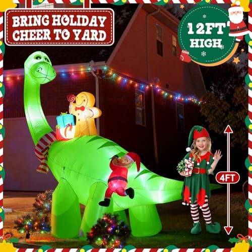 12FT Inflatable Dinosaur Santa Claus with Bright LED Lights for Yard