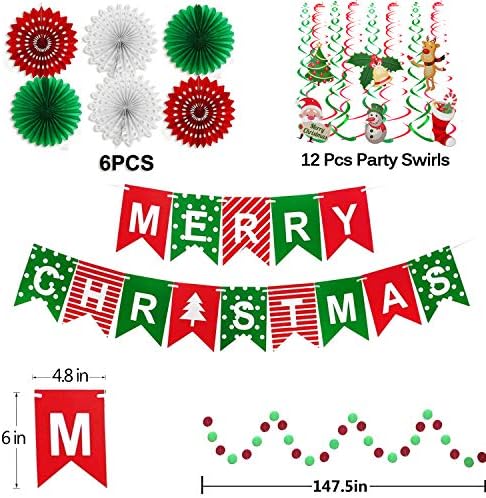 FECEDY Merry Christmas Banner Paper Fan Flower Circle Confetti Dots Hanging Garlandand Swirl Streamers Christmas Tree Christmas Snowman God Tang for Christmas Party Decoration