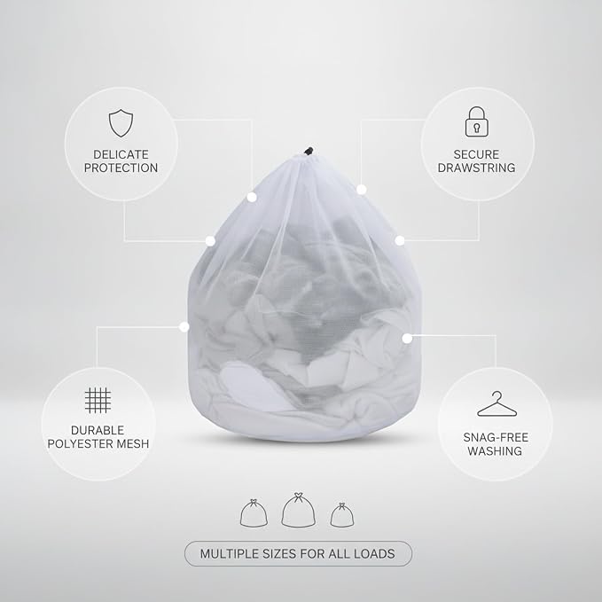 Laundry Mesh Bag with Drawstring, Polyester Net for Delicates, Lingerie, and Knits, White (1 PC)