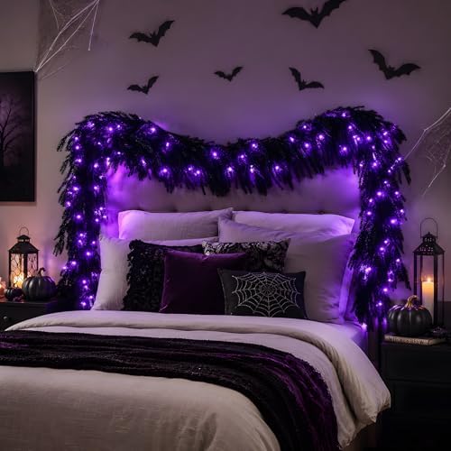 N&T NIETING 9FT Black Halloween Pre-Lit Garland with 70 LED Lights Real Touch Artificial Norfolk Pine Garlands for Table Fireplace Holiday Indoor Outdoor Halloween Decorations (1 Pcs)