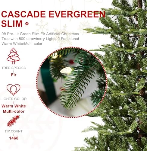 Glitzhome 9ft Prelit Christmas Tree, Cascade Evergreen Slim Fir Artificial Christmas Tree with 500 Strawberry Lights,1468 PE&PVC Branch Tips, 9 Functional Warm White/Multi-Color, Remote Controller