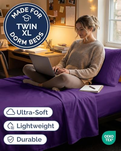Twin XL Size 3 Piece Sheet Set - Comfy Breathable & Cooling Sheets - Purple