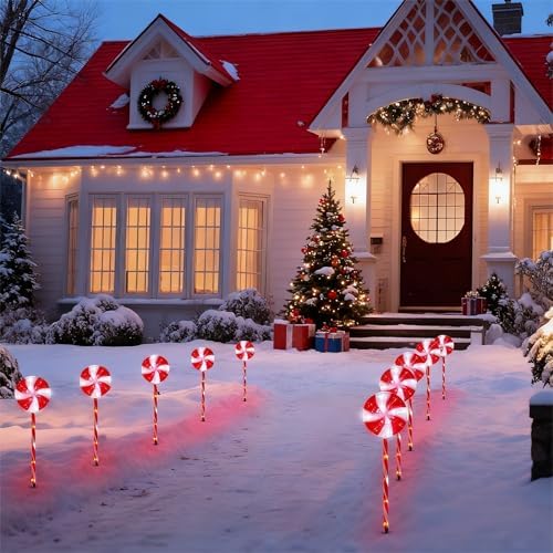 BRIGHTDECK 10 Pack Solar Christmas Pathway Lights, Red Lollipop Stakes