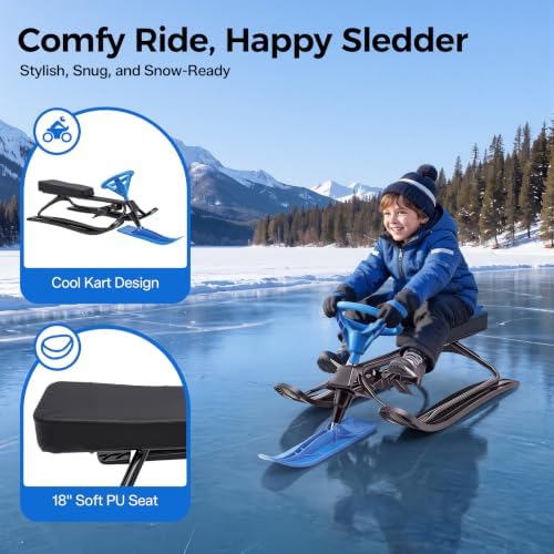 Snow Scooter for Kids & Adults, Steerable Ski Bike Sled with Steering Wheel & Dual Serrated Brakes, Heavy Duty 220 LBS Capacity Snow Racer Sled for Children Teens Adults Safe Winter Sport Toy