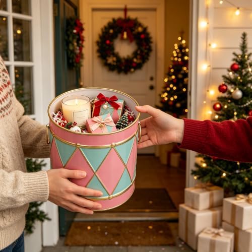 2-Piece Pastel Drum‑Shaped Metal Decorative Buckets Set, Vintage Festive Ice Bucket & Storage for Small Plants/Ornaments/Candies, Christmas Table Mantel Home Centerpiece Decor