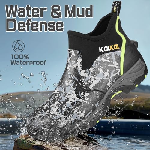 Kalkal Men's Rubber Boots, Waterproof Ankle Rain Boots, Insulated Working Booties with Comfortable Sports Sole, Outdoor Mud Boots for Yard Chore