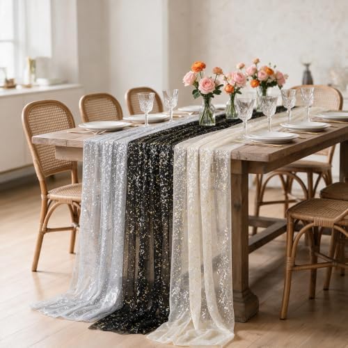 Artoid Mode 3PC Beige Black White Gauze Table Runner 120 Inch 10FT, Glitter Metallic Foil Sheer for Wedding Anniversary Holiday Birthday Home Party Decor