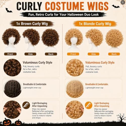 Halloween Cosplay Costume with Afro Fluffy Wigs, Thick Argyle Sweater Vests