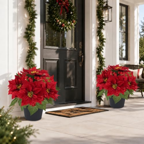 2 PC Poinsettias Artificial Christmas Flowers in Pot Red Faux Plant