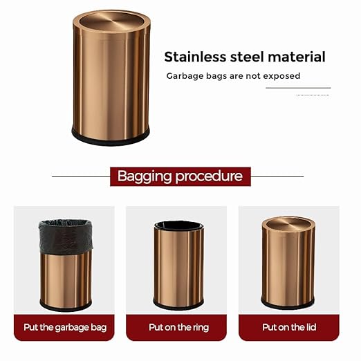 Antique Brass Bathroom Trash can with lid，Stainless Steel,Small Grabage Can with Flipping Lid, 9L/2.4Gal for Living Room,Bedroom,Guest Room,Hotel (Rose Gold)
