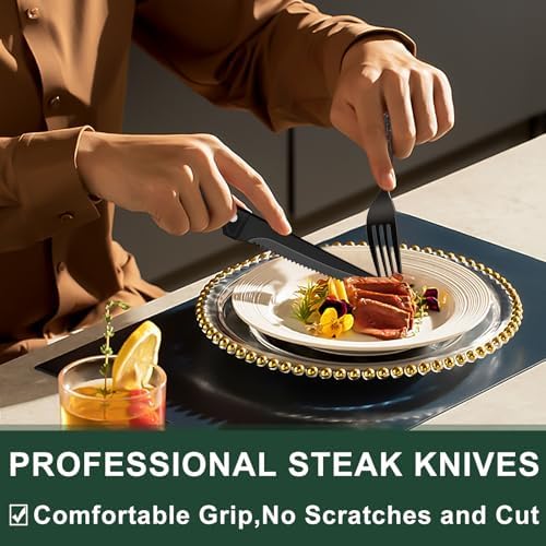 49-Piece Black Silverware Set with Organizer, Food-Grade Stainless Steel Black Flatware for 8, Cutlery Utensil Sets with Steak Knives, Rust-proof, Mirror Polished, Dishwasher Safe, Tree Pattern