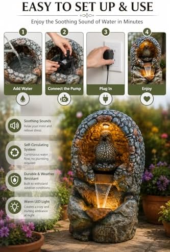 EROMMY Water Fountain for Outdoor with LED Lights, 31.9" Tall Bird Nest Waterfall Fountain, Resin Garden Fountain with 25W Pump, Freestanding Water Feature for Patio, Backyard, Porch & Lawn